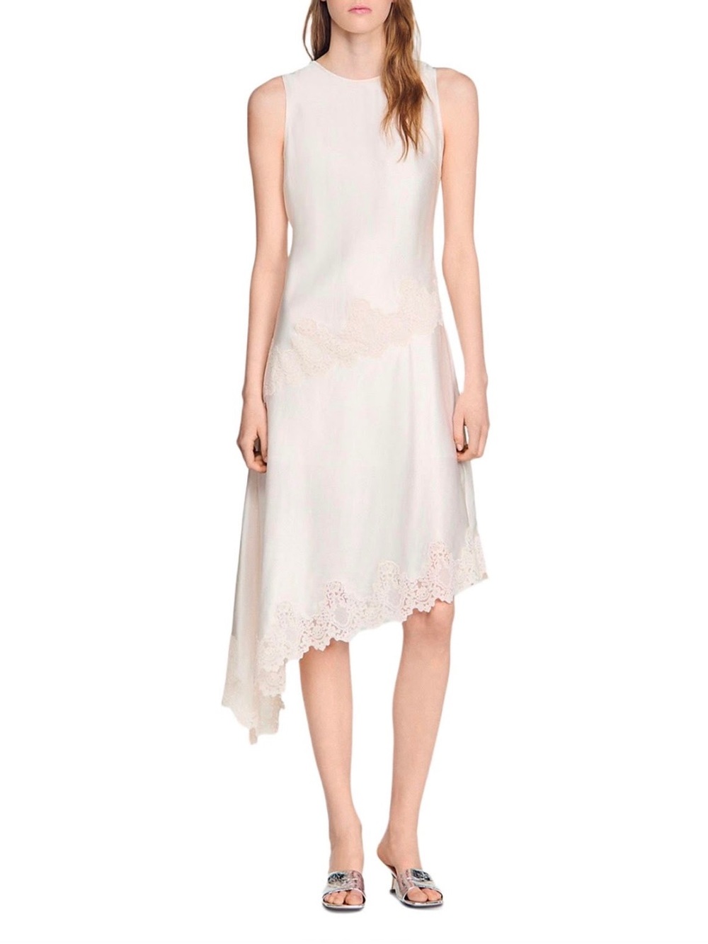 Sandro Asymmetrical Cream Sleeveless Lace-Trim Dress